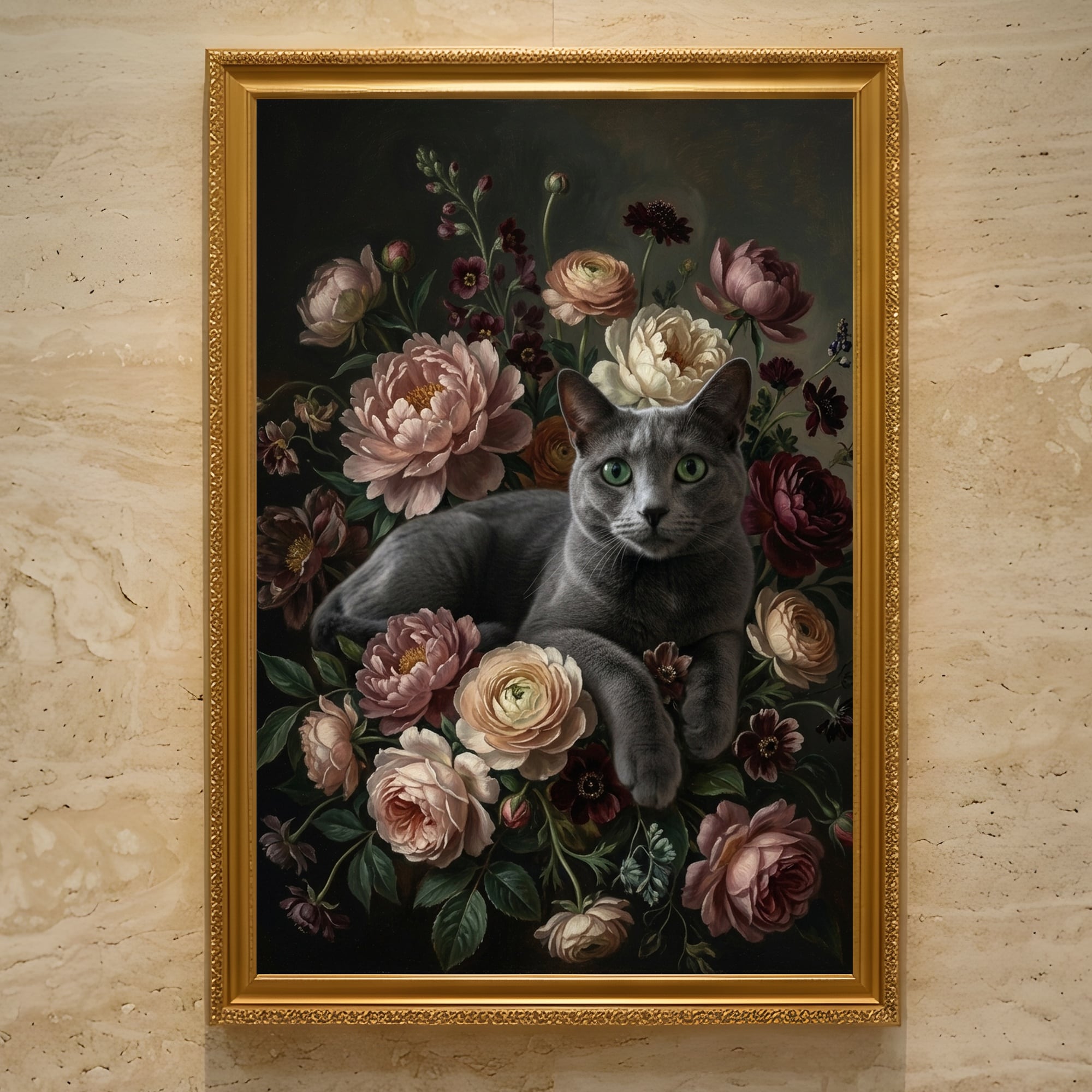 猫（ロシアンブルー）の花に囲まれた油絵風アート A3額装インテリア