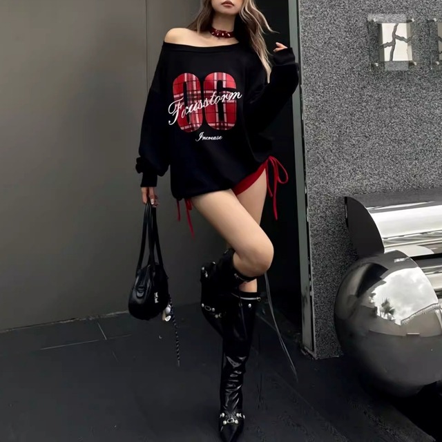 チェックナンバリングルーズネックプルオーバー 3col   R01944