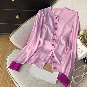 purple contrast trim knit cardigan top<t3112>