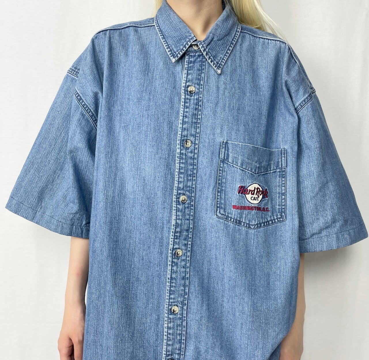 Hard Rock CAFE ハードロックカフェ 刺繍 半袖デニムシャツ メンズXL
