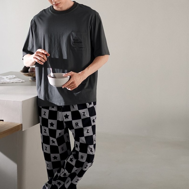 【men's】【L-2XL】check pattern t-shirt pants pajamas p837