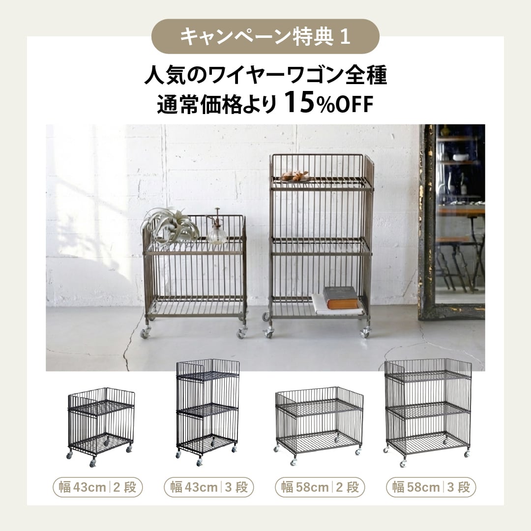 えらべる2点セット】ワイヤーワゴン（ワイド・ダブル）幅58cm｜3段