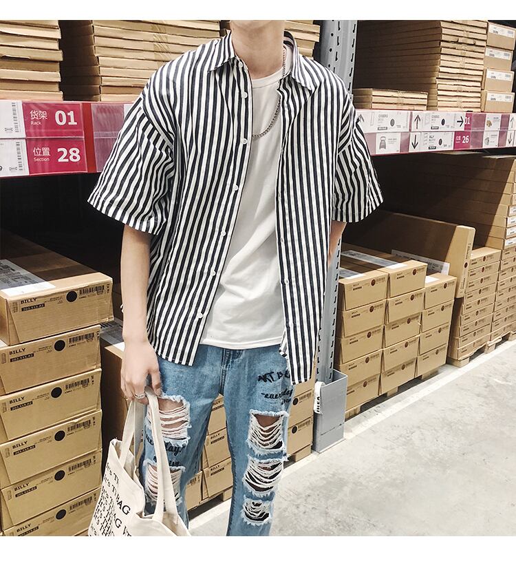 全2色 シャツ トップス ストライプ カジュアル 羽織 半袖