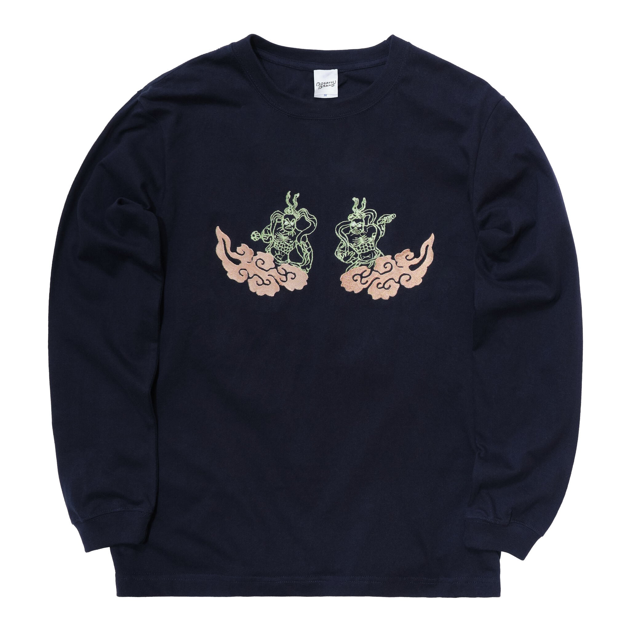 金剛力士像 仏像 ロングスリーブ Tシャツ (刺繍) ネイビー 5.6oz