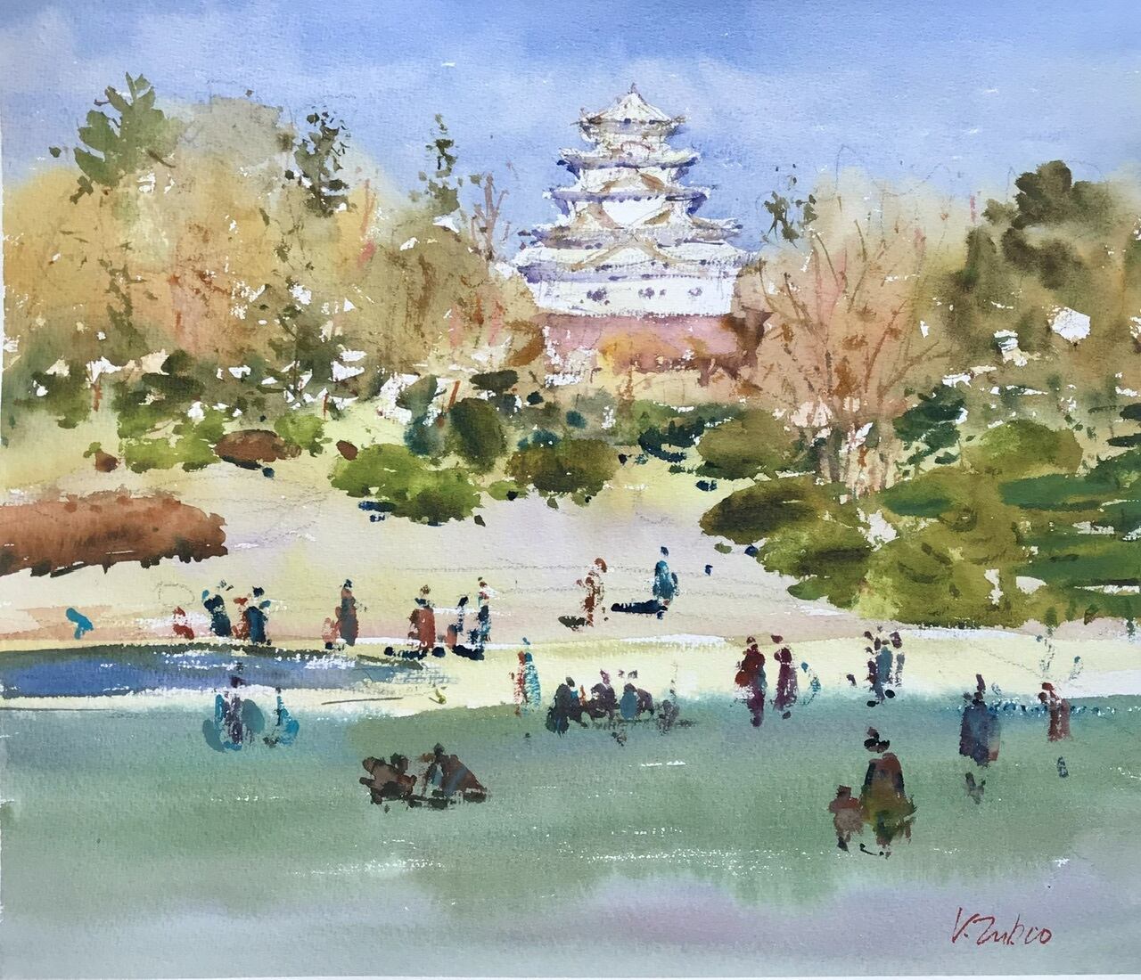 秋の福山城」水彩画 大きな作品 43.9×37.4 | ヴィタリアート