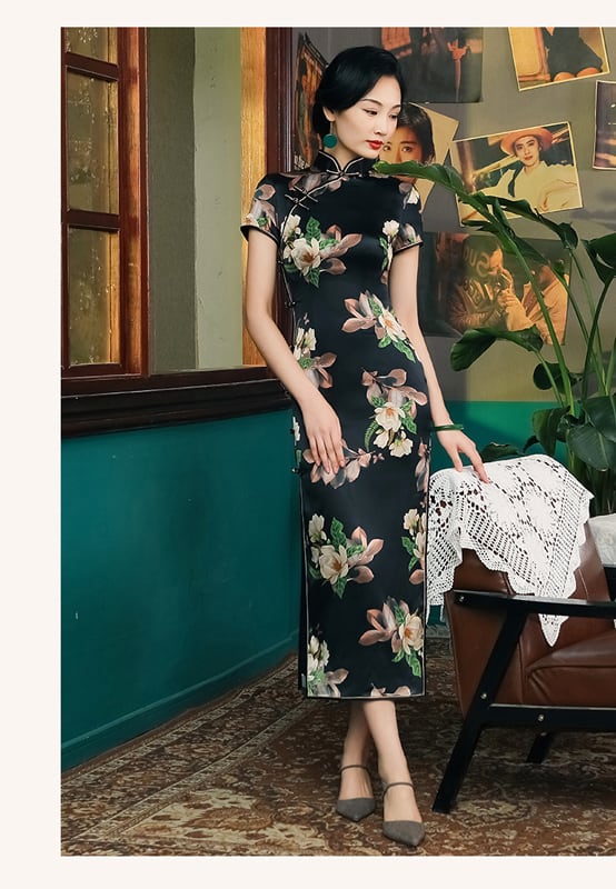 高級品・シルク】 ロング丈チャイナドレス チャイナ風ワンピース チャイナドレス ロング 中華服 ロングドレス シルク ロータス柄 中華風