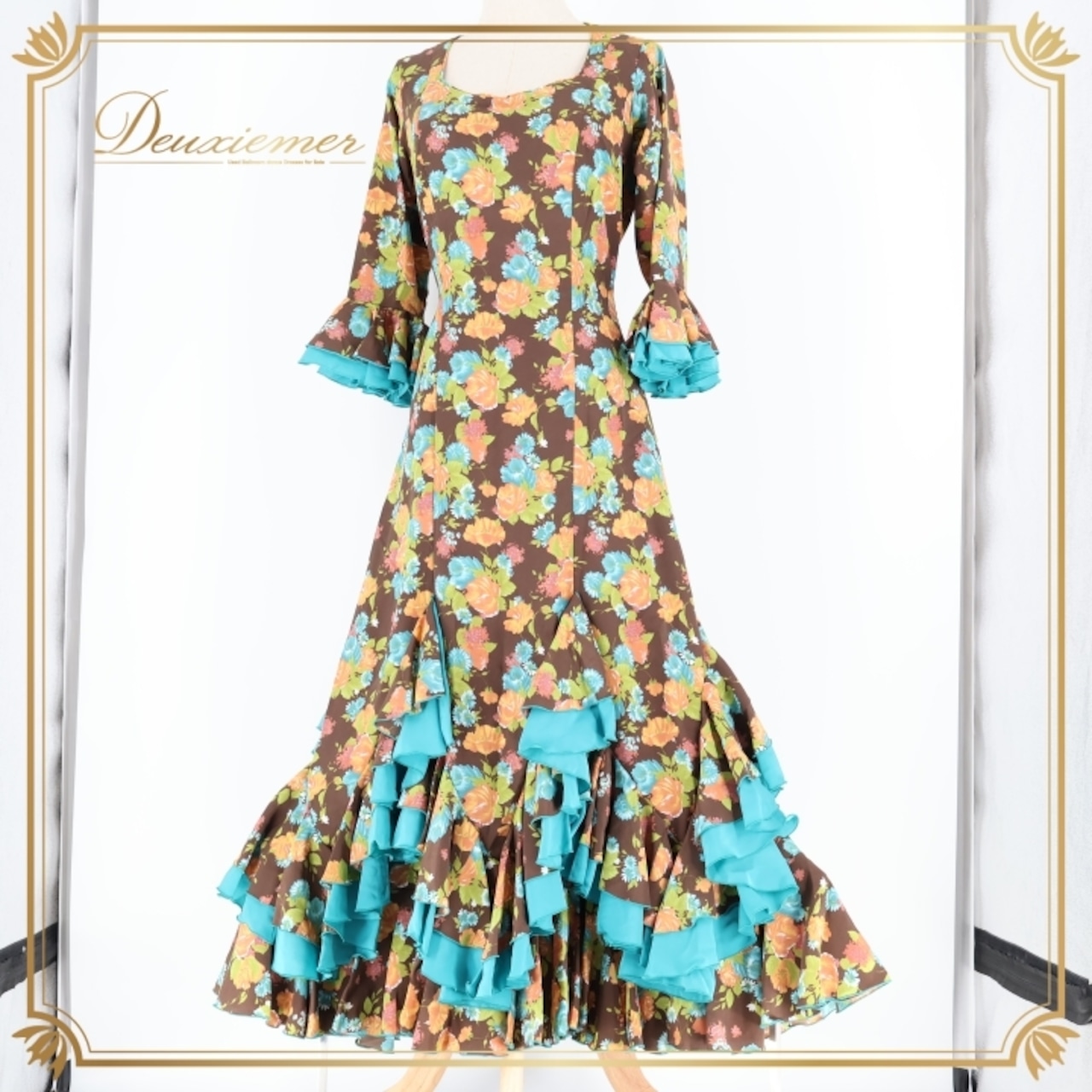フラメンコ 衣装 マンサニージャ LOPEZ DE SANTOS ロペスデサントス Manzanilla ワンピース ドレス 茶色 フリル 緑 青 青緑 ブラウン 花柄 ボランテ 発表会 パーティ ダンス ブラウン系 グリーン系 ブルー系 発表会衣装 フラメンコドレス 踊り おしゃれ 華やか 大人用 レディース ドレスアップ フォーマル