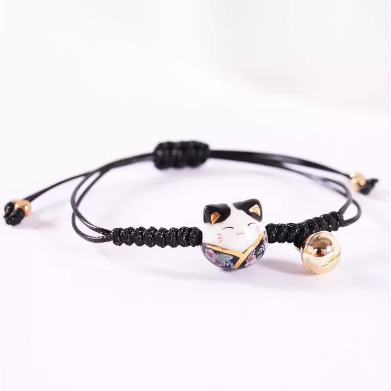 セラミック製猫と鈴、手織ブレスレット