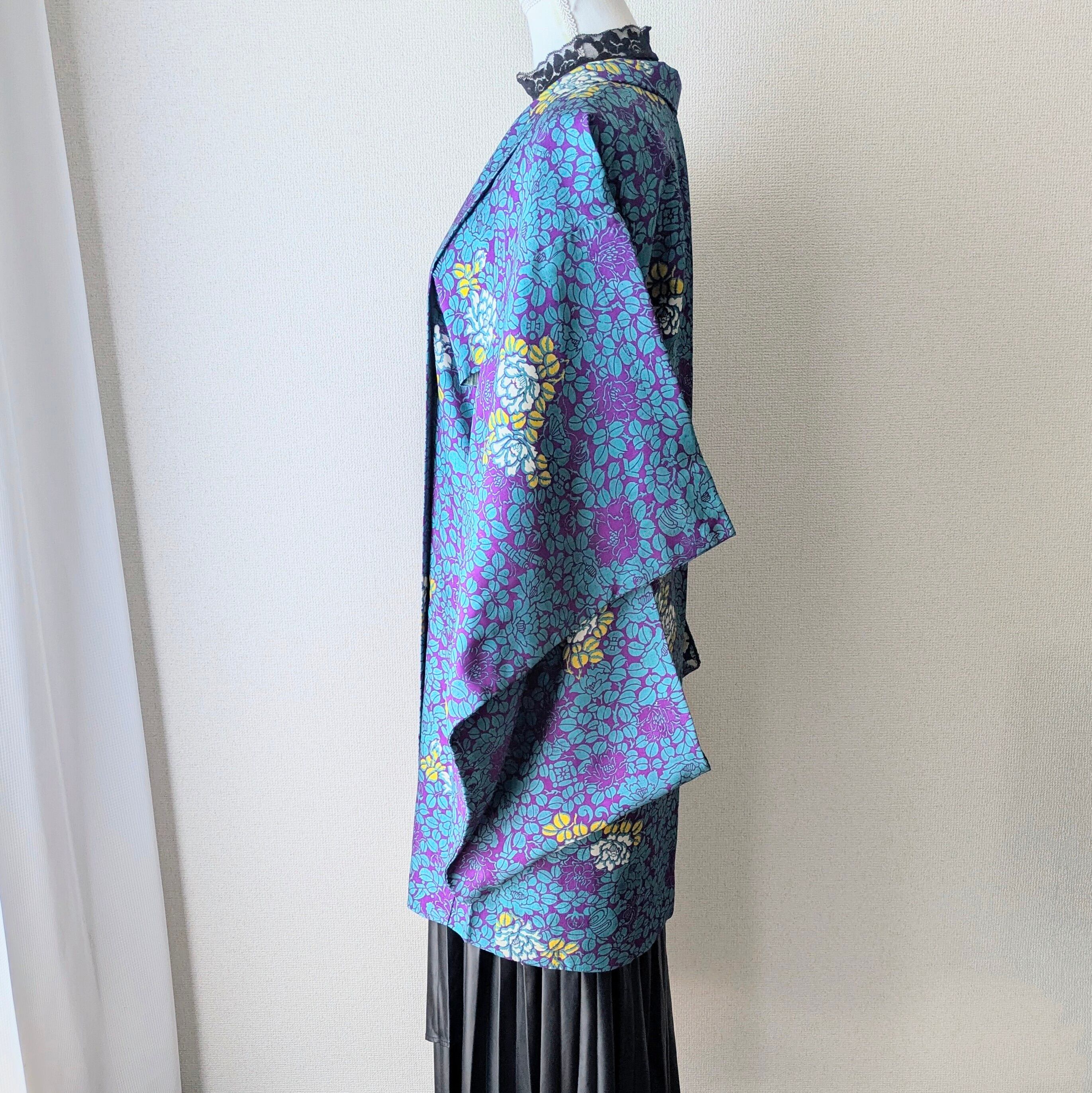 Vintage】HAORI 長羽織 羽織 正絹 型染 椿柄 大正浪漫 古布 時代布
