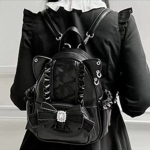 【お取り寄せ】地雷 量産型 猫 レースアップ リボン リュック 3色