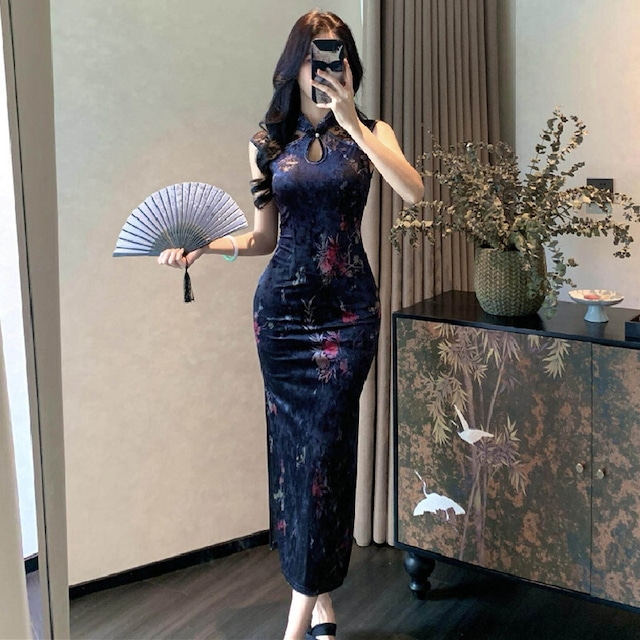 チャイナ風ドレス レース 切り替え ベルベット 美人度アップ S M L