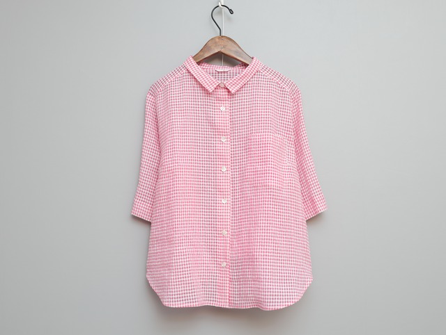 コットンラミーギンガムの角衿半袖シャツ　COL/ピンク×白