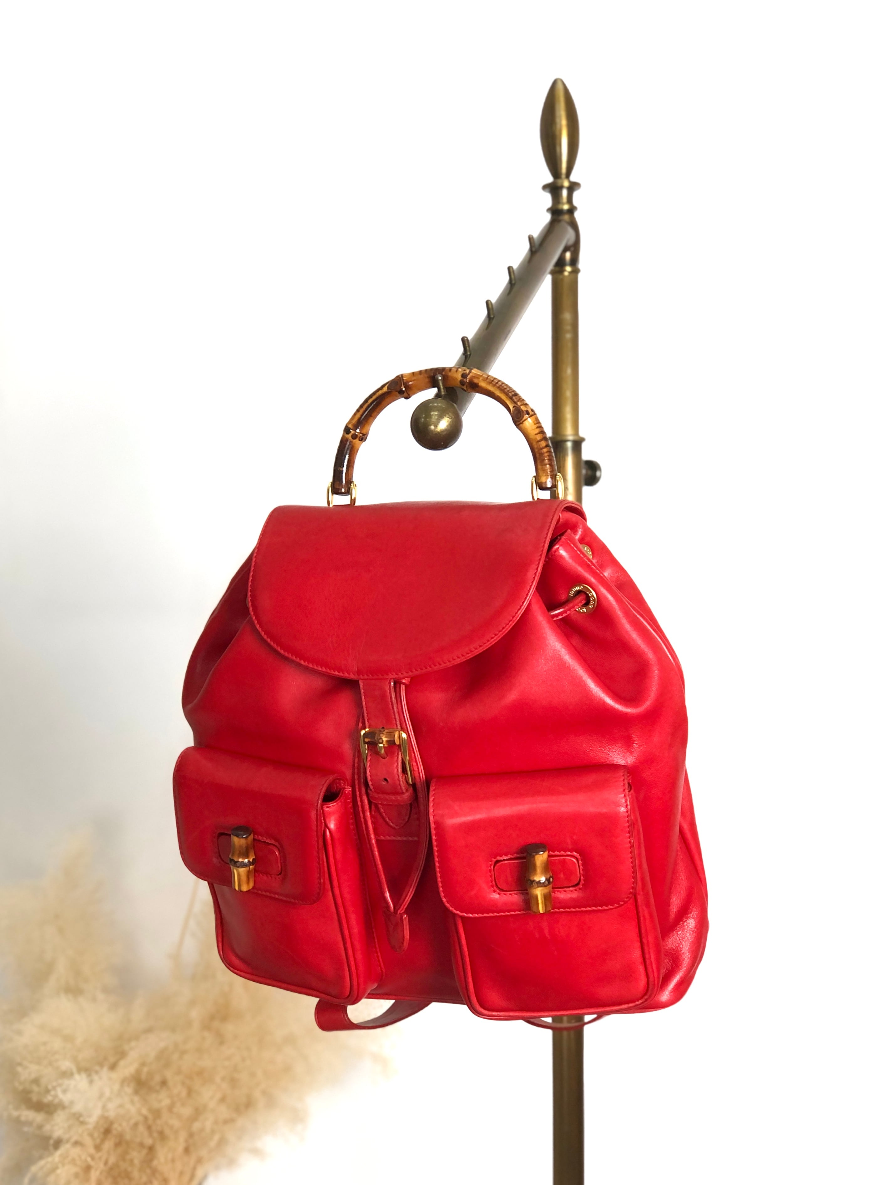 GUCCI グッチ バックパック レッド バンブー レザー ダブルポケット
