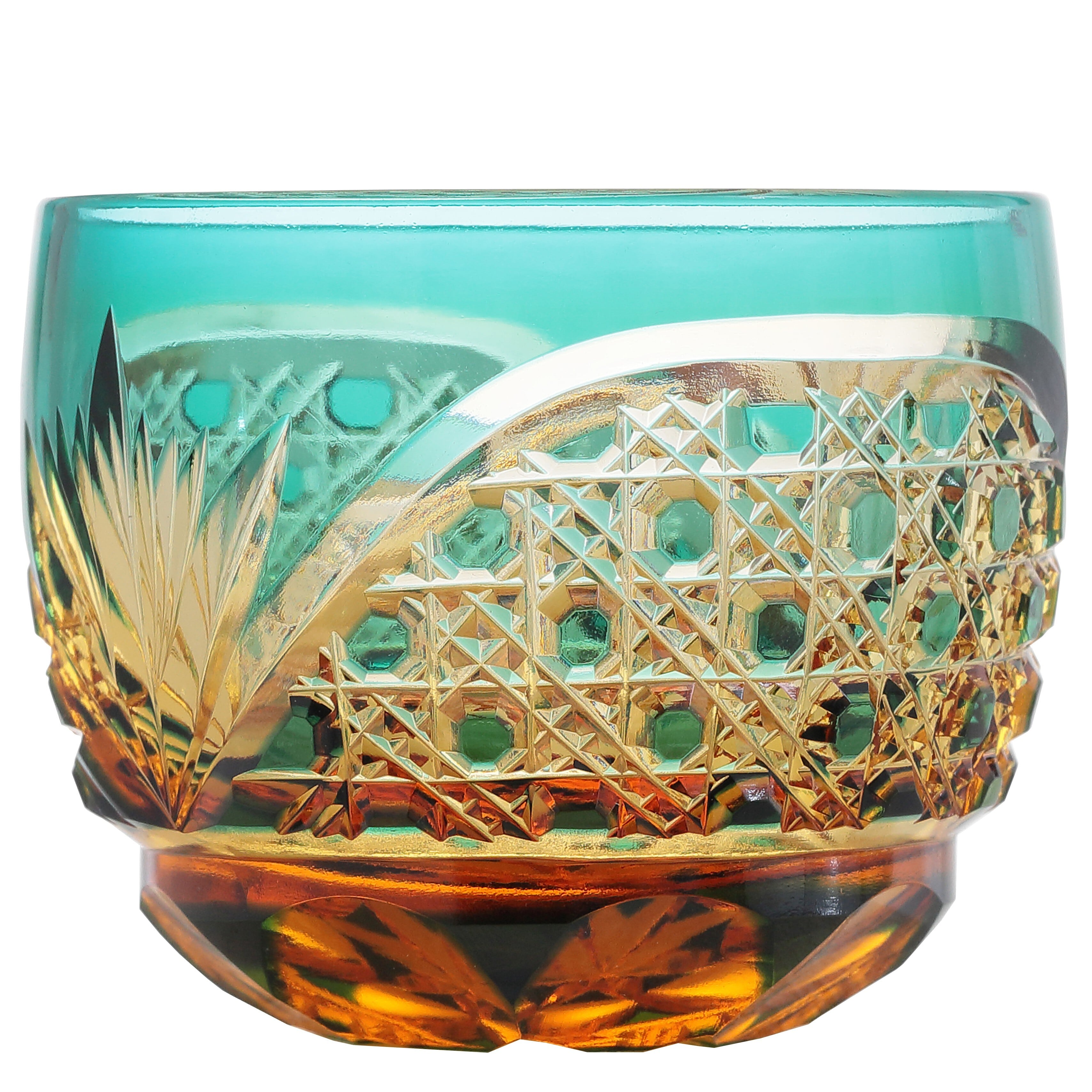 人気商品 No.1 江戸切子 クリスタルガラスぐい呑（琥珀色緑） | 江戸