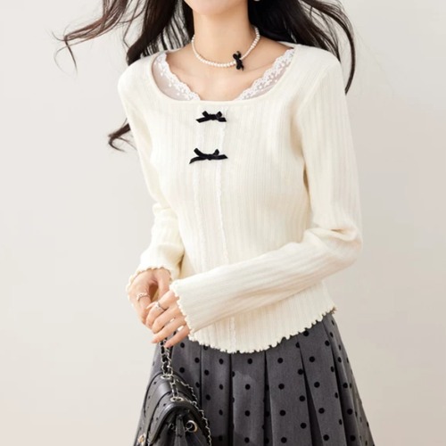 5色/レースネックリボンメロウニットトップス ・79472