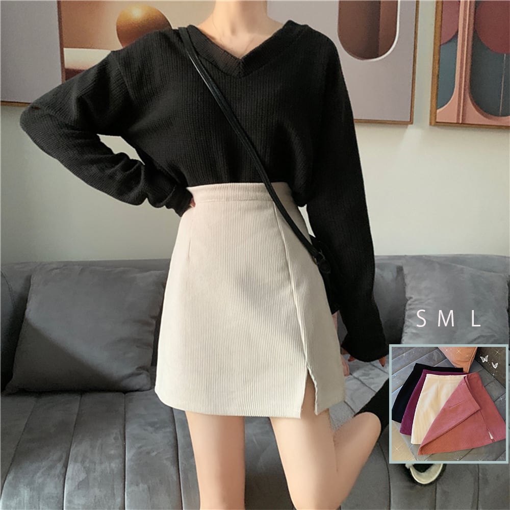 ミニタイトスカート スリット入り Aラインスカート コーデュロイ ハイウエスト