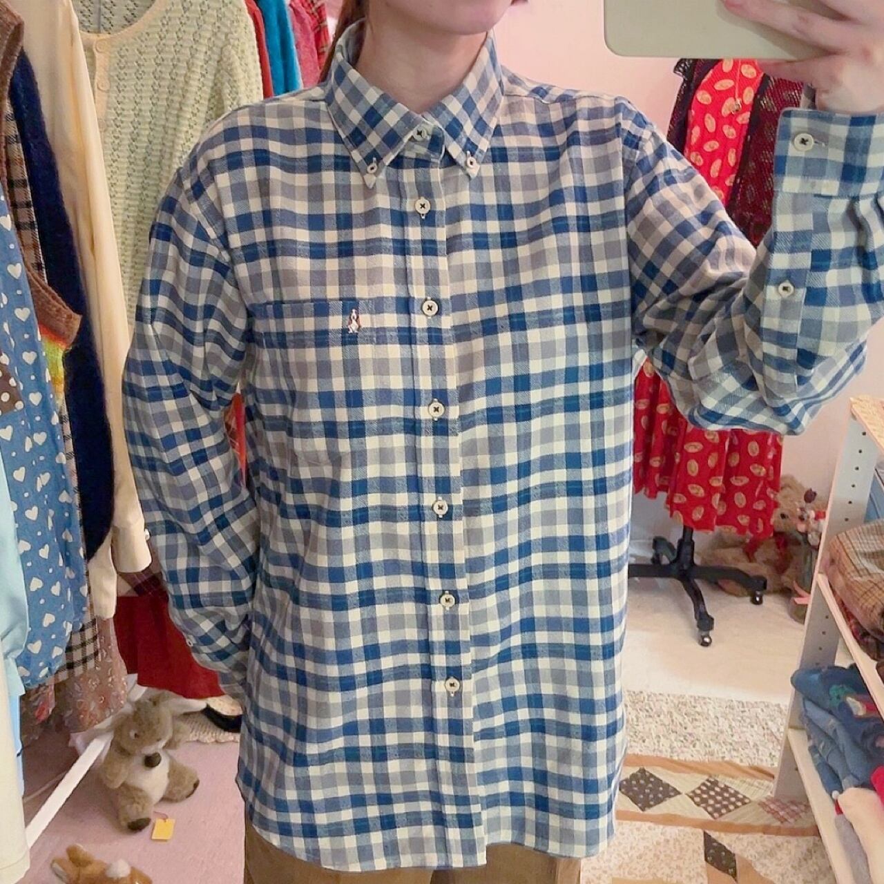 blue green check flannel shirt
