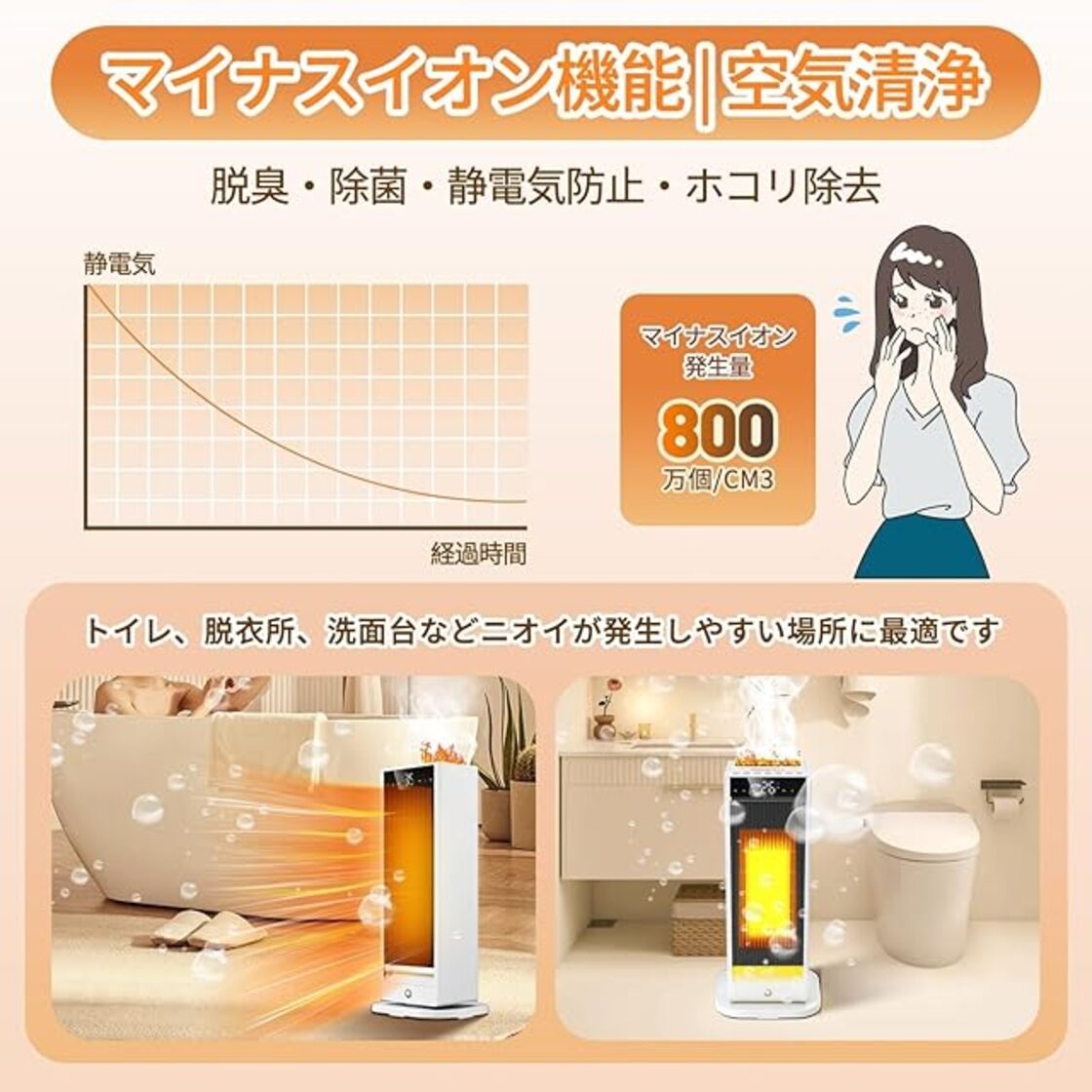 セラミックヒーター 3in1デザイン【暖房・超音波加湿機能・人感 