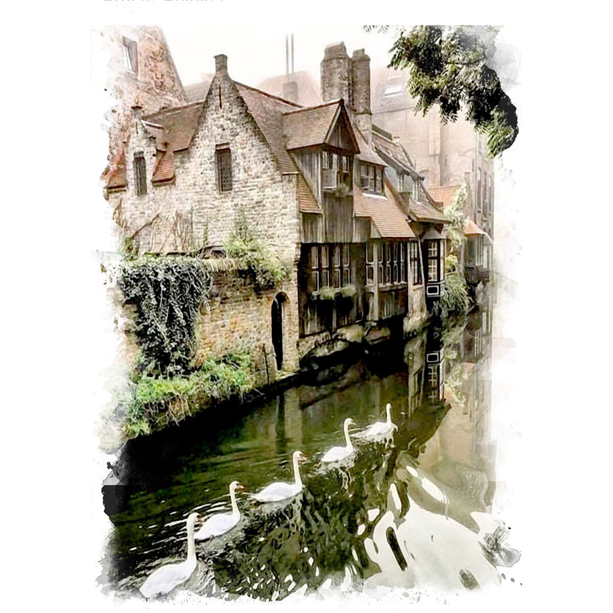 絵画 ベルギー風景画(街並み) ブルージュ 白鳥のいる風景 インテリア 