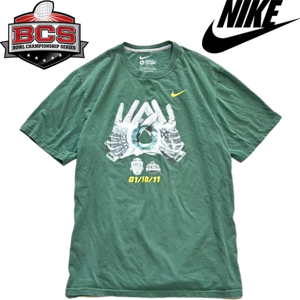 1点物◇ナイキNIKE深緑プリントTシャツ古着メンズXLレディースOK