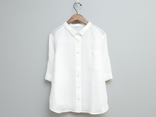 コットンラミーギンガムの角衿半袖シャツ　COL/白×白