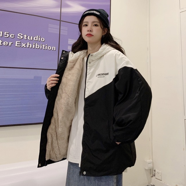 ブラックフードジャケット レディースオータムウィンターベルベットルーズ コットン 秋物 冬物 スーパーモール75047535522