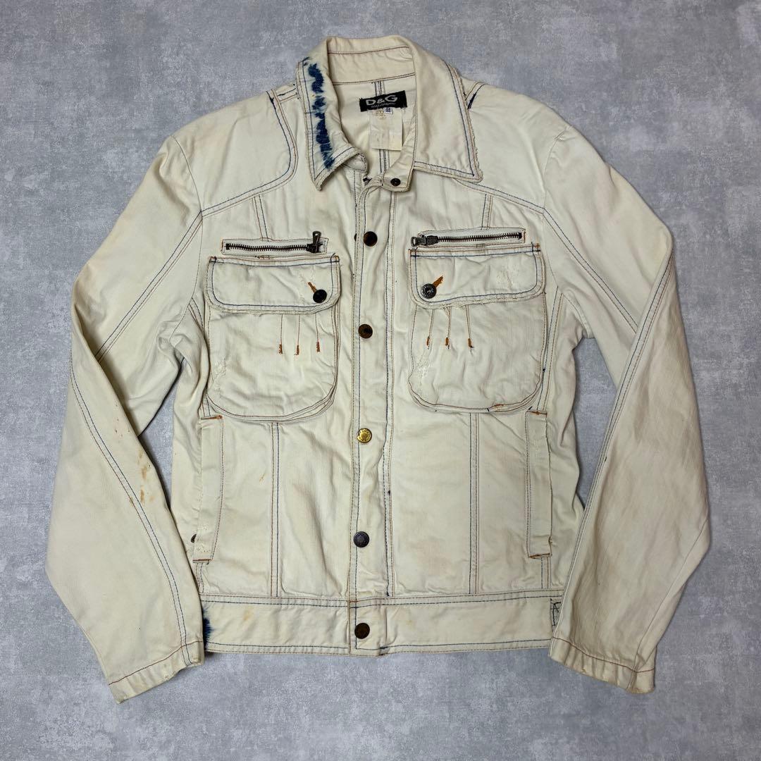 00s D&G カーゴポケット デニムジャケット ブリーチ加工 ホワイト 00s D&G カーゴポケット デニムジャケット ブリーチ加工 ホワイト | CHASE