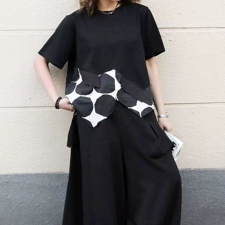 ASYMMETRIC POLKA DOT HEM T-SHIRT WITH CHIC STYLE M-13317