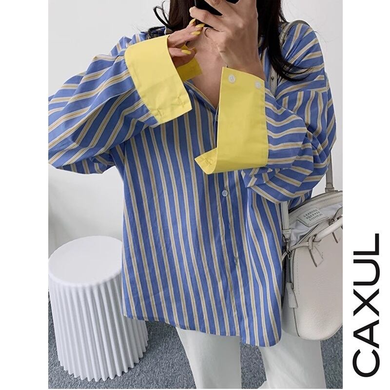 ブルー×イエローストライプカジュアルシャツ | CAXUL