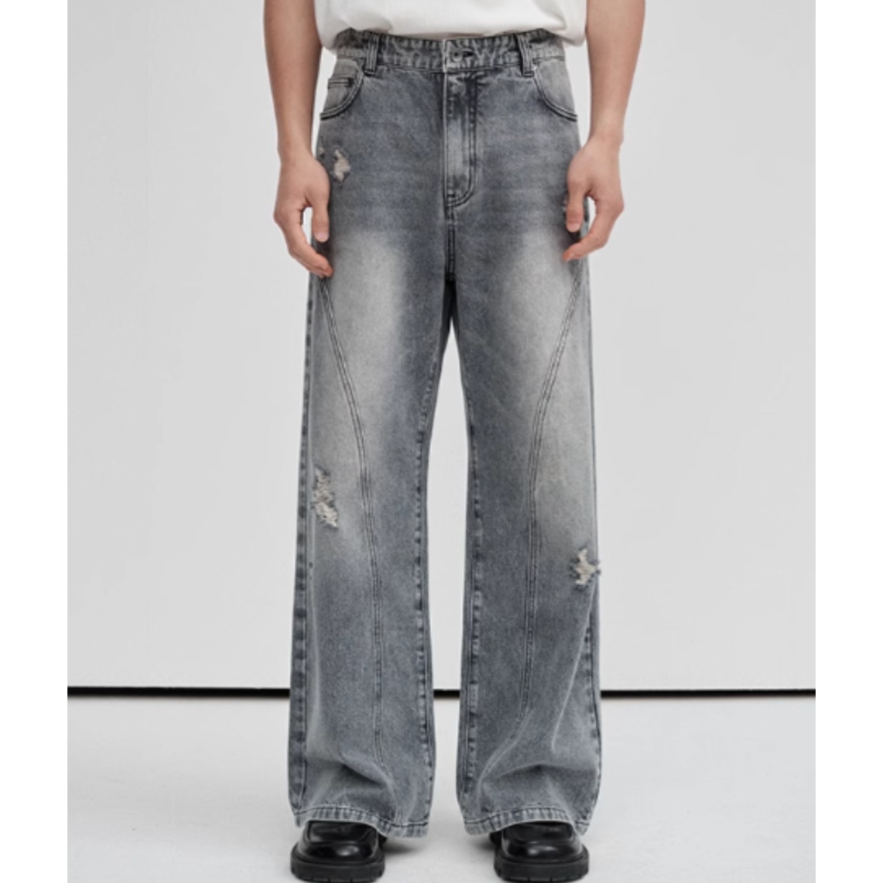 イレギュラークラッシュユーズド調デニム　0895