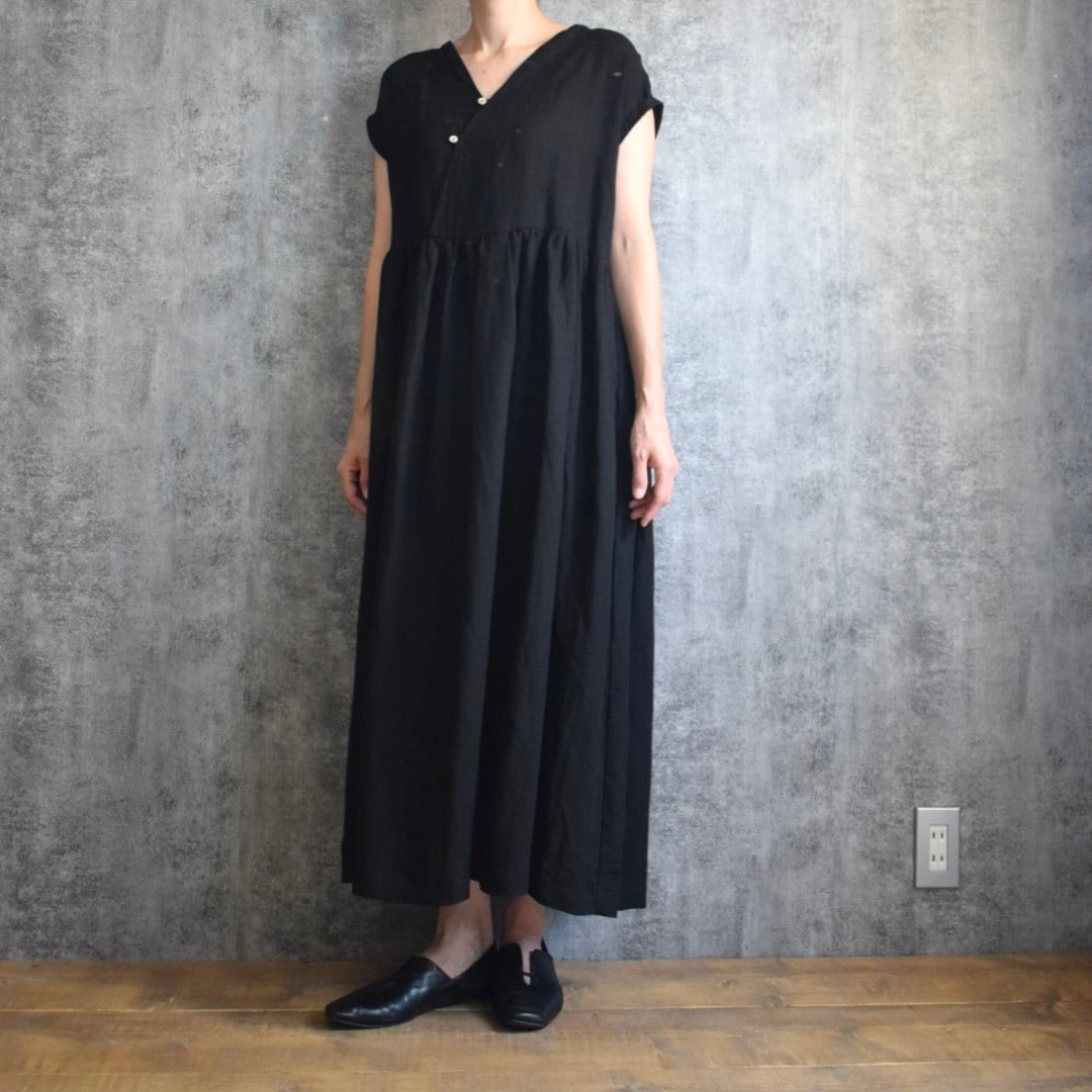 バンブーリネン ギャザーワンピース 黒 Bamboo linen 10 years dress