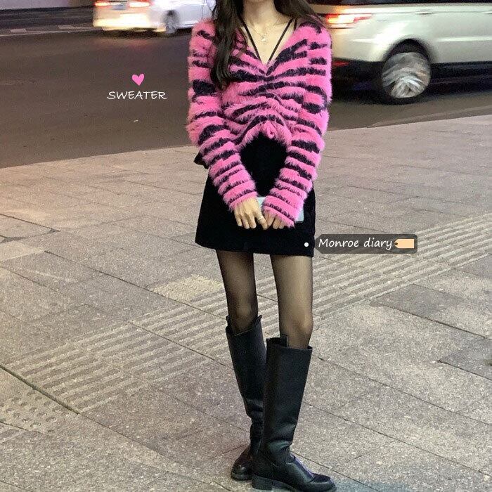 パターンVネックセーター レディーススタンダードスタイルクロップドトップス オータムウィンタールーズ レトロ 秋物 冬物 モンロー67625829242