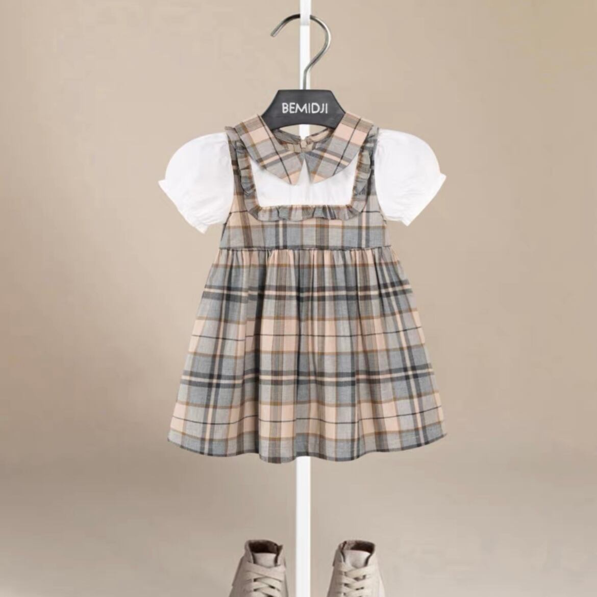 【80-120cm】レイヤード風チェック柄半袖ワンピース