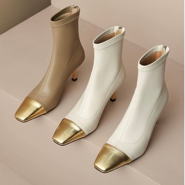 メタルスクエアハイヒールショートブーツ　30819