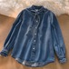 夏の準備！ブラウス レディース トップス シャツ デニム 立ち襟 フリル リボン ボウタイ 長袖 春 春服