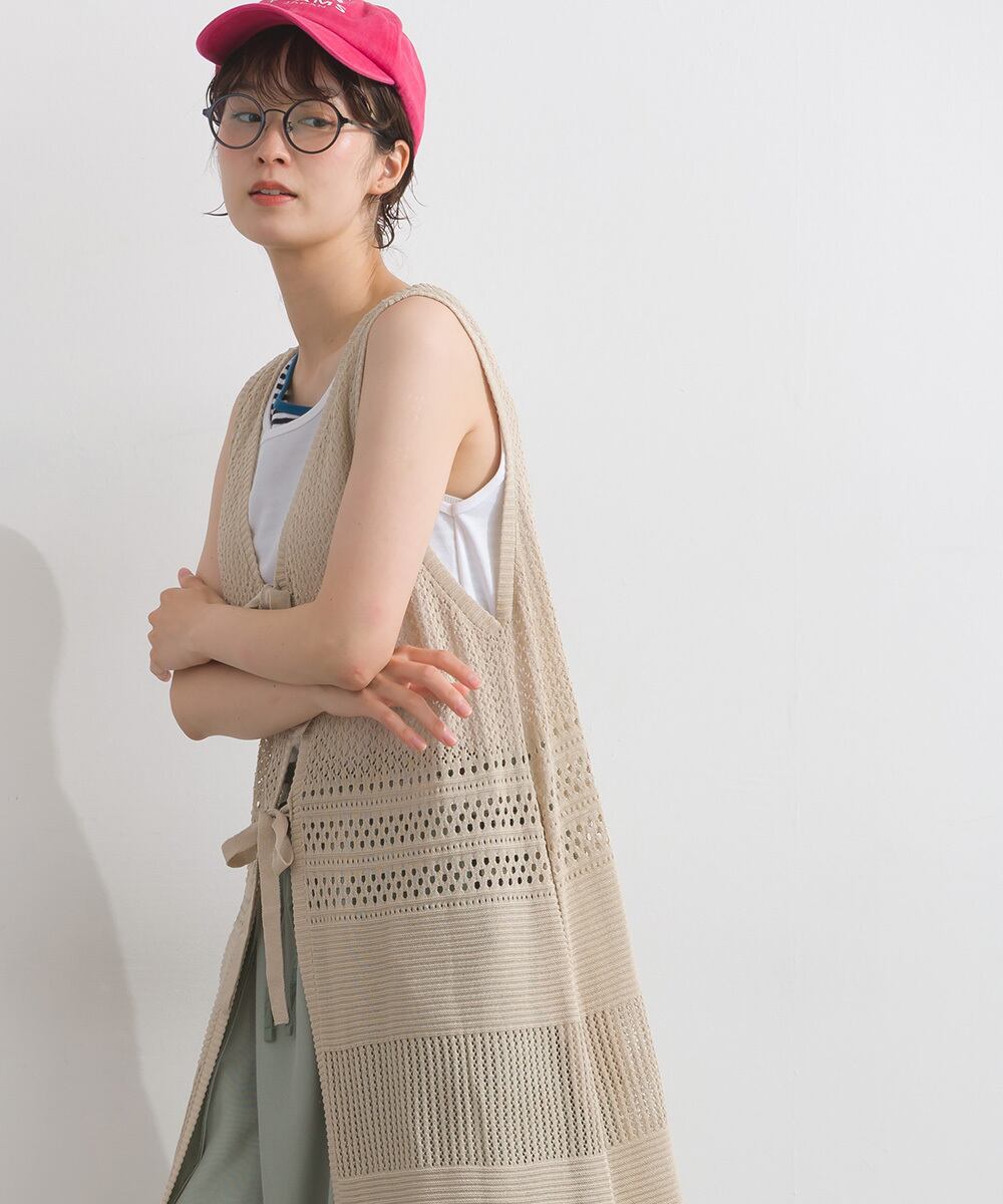 P262050 編み地切替ロングニットジレ / Pattern Knit Long Vest Dress