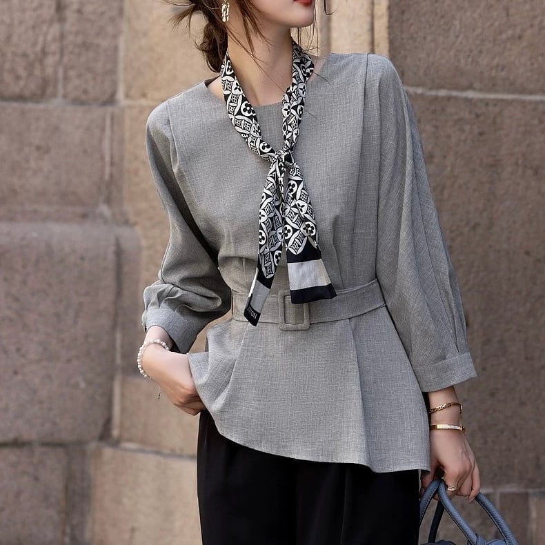 通勤プルオーバー ラウンドネック七分袖シャツ YH9513