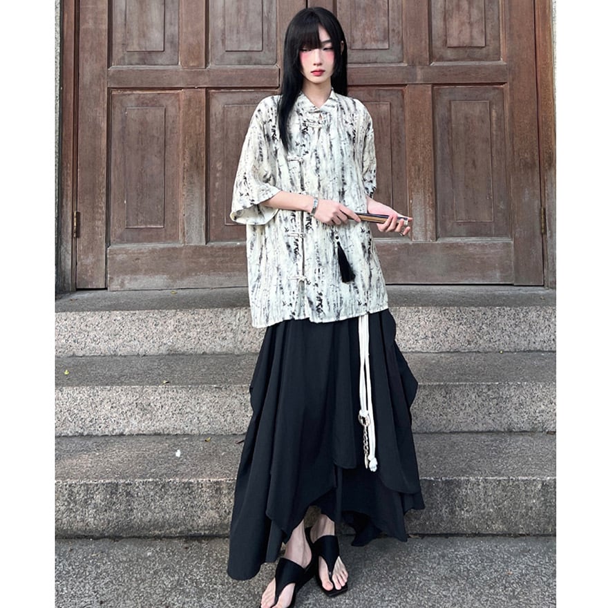 サブカル 服 地雷系 通販 ファッション 女子 半袖シャツ 七分袖 スプラッシュインク チャイナ風 中華 レトロ 闇かわいい ストリート系