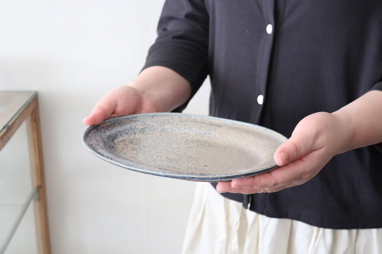 及川静香 青釉オーバル皿L | ao+水玉