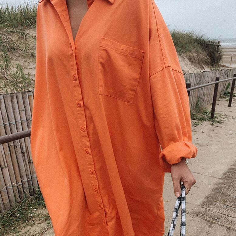 A.P.C. オレンジ ストライプ 長袖ワンピース ストライプシャツワンピース オレンジ | SINME