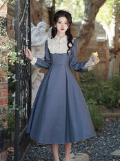 【0134】Vintage Blue Stripes Long Sleeve Dress