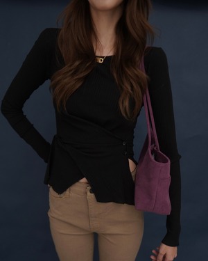 Ribbed Button Detail Long Sleeve Top ／Black