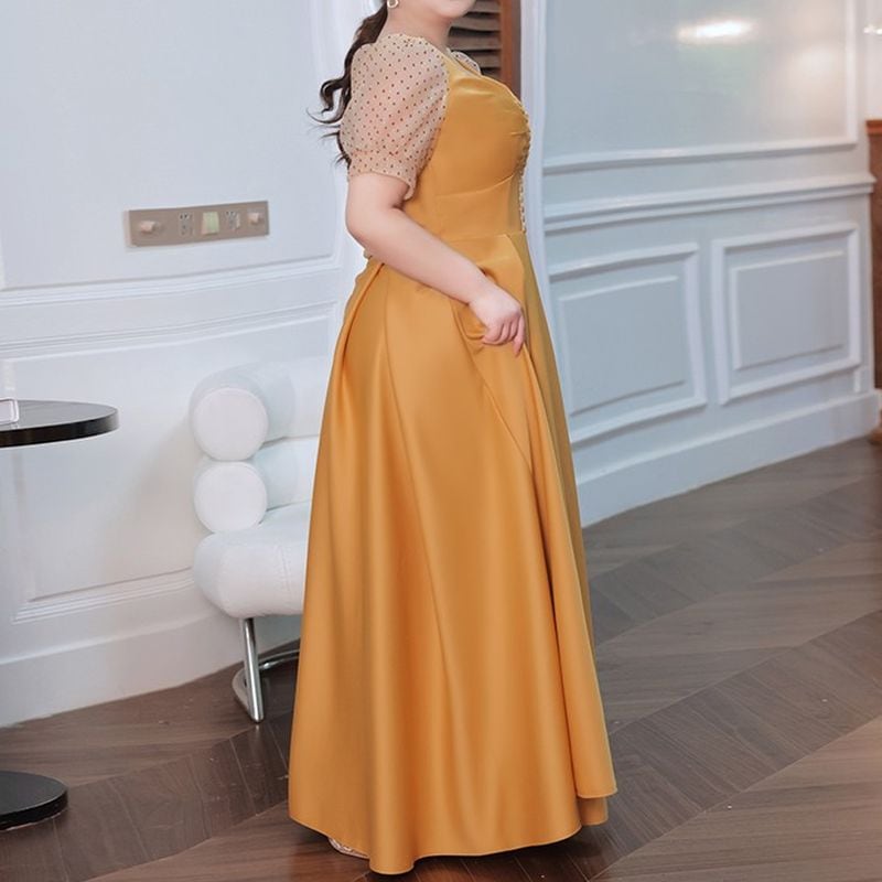 3XL〜7XL】ドットパフスリーブロングドレス D1617 | 演奏会・ステージ