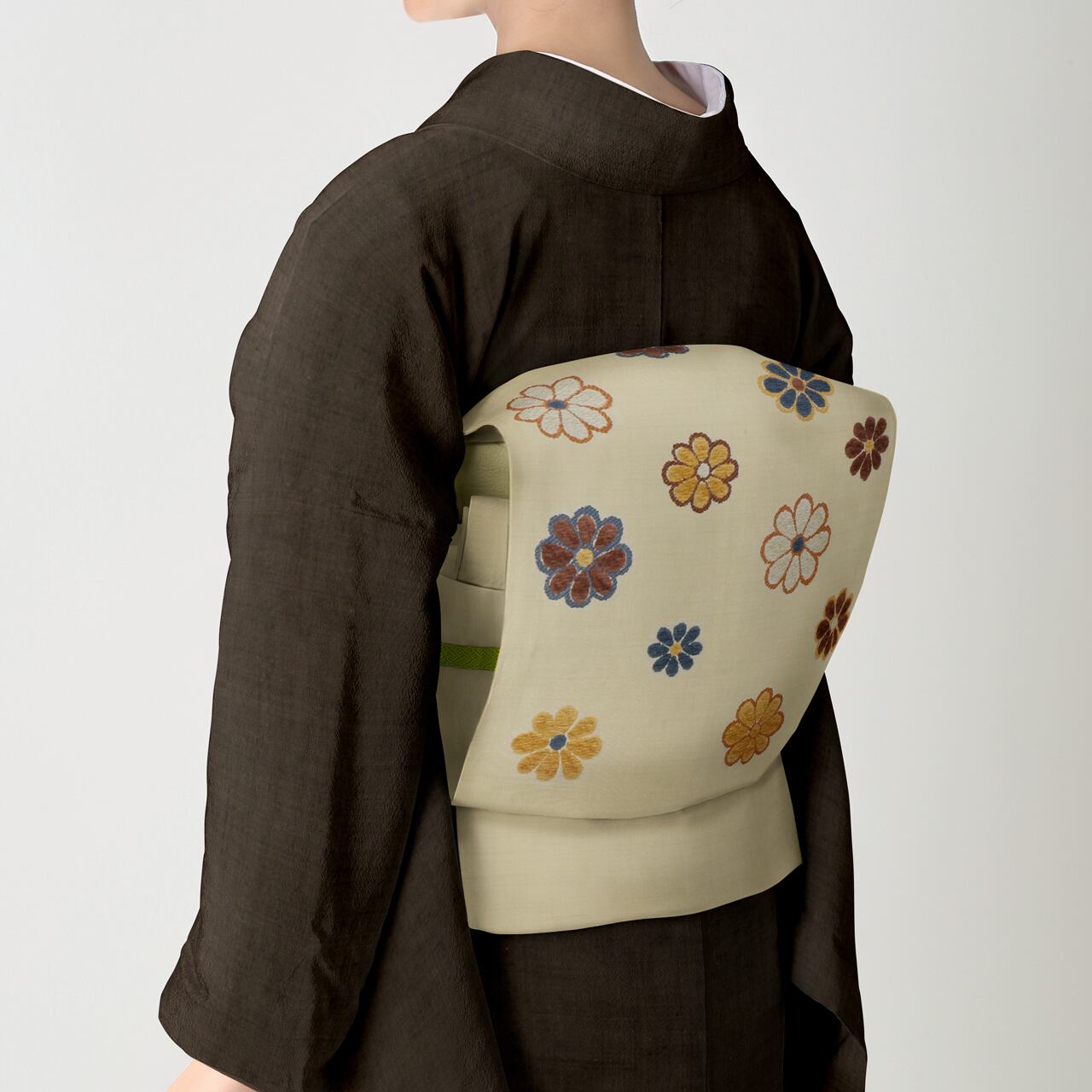 名古屋帯 想像の世界 多様な色彩の河童柄 海松色 珍柄 囲い 