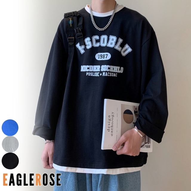 長袖 Tシャツ 重ね着風 オーバーサイズ クルーネック ルーズ カジュアル ユニセックス 韓国ファッション E Eaglerose イーグルローズ 韓国メンズファッション通販サイト