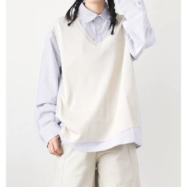 レイヤード風ストライプシャツベスト