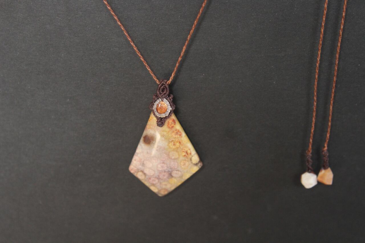 Fossil Coral & Sunstone micro macrame pendant