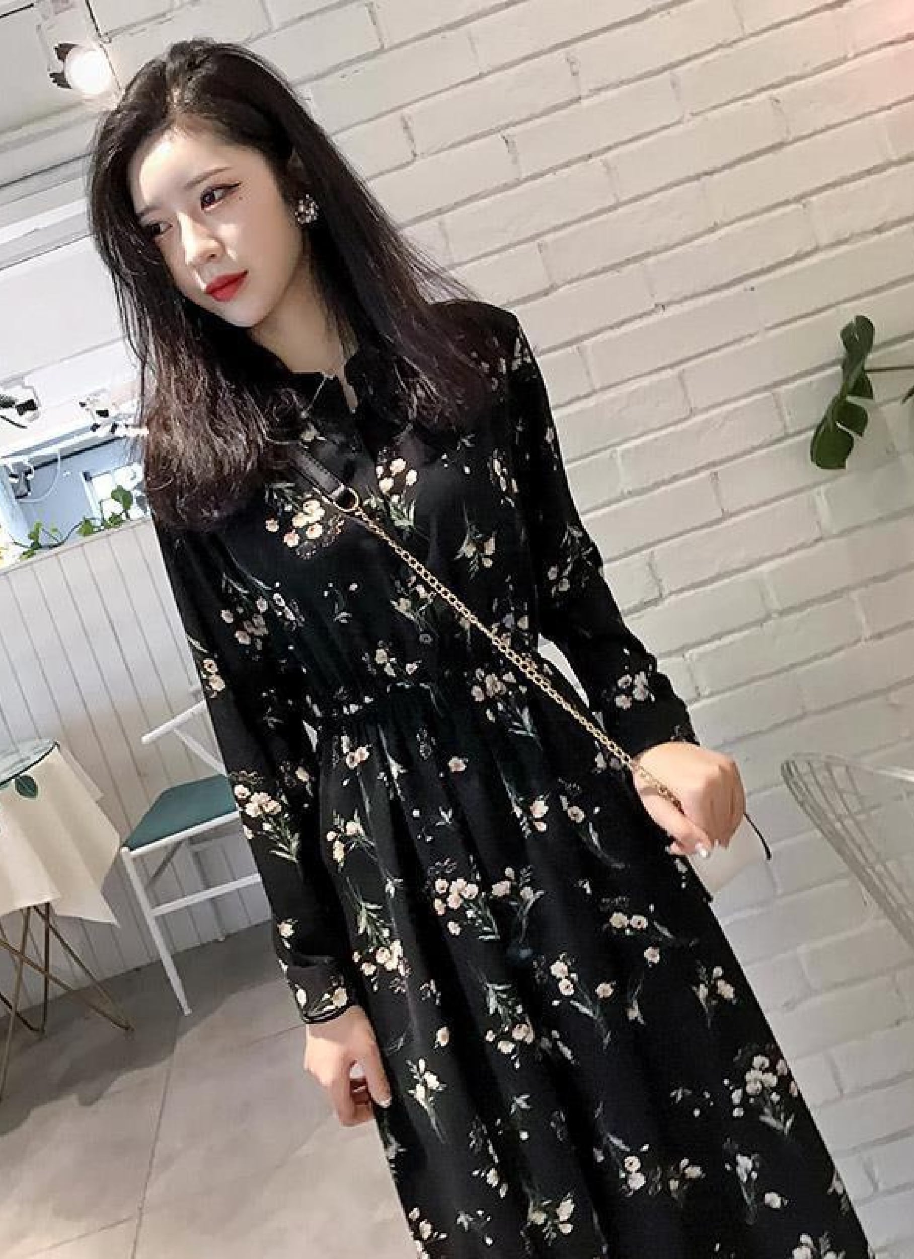 花柄ワンピース 長袖シフォンミディドレス | 花柄ワンピース多数！ 花