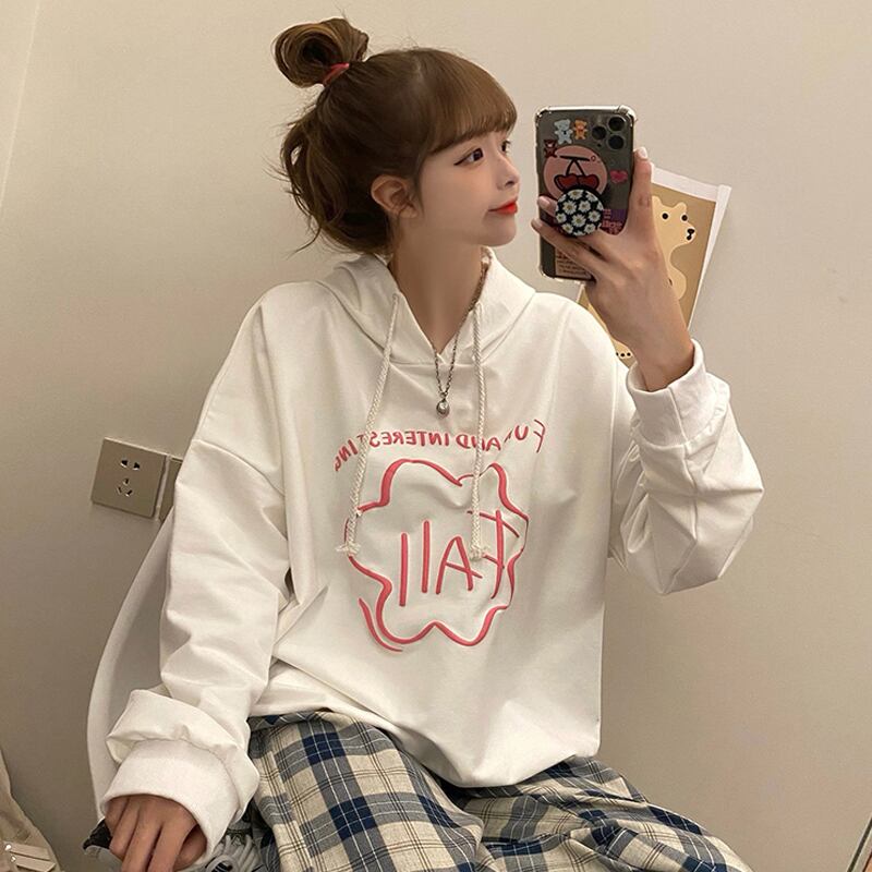 スプリングオータムルーズフードプリントセーター レディースカジュアルトップス 春物 秋物 試着室74458285958