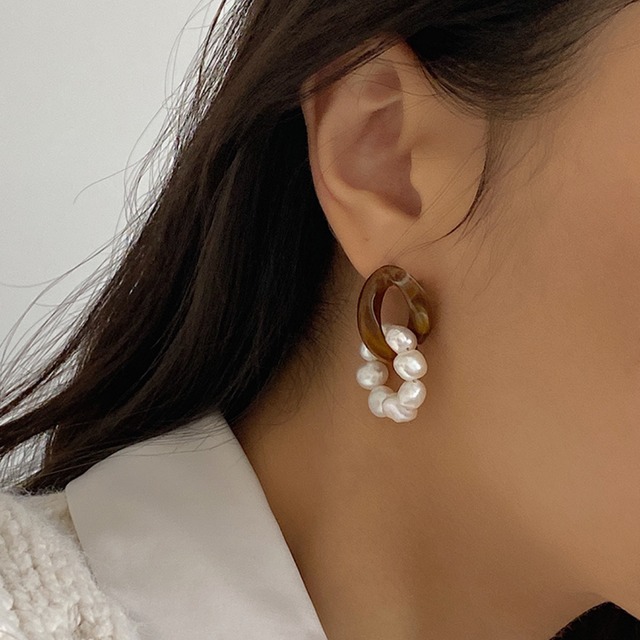 べっ甲 バロックパール 2連ピアス　40807